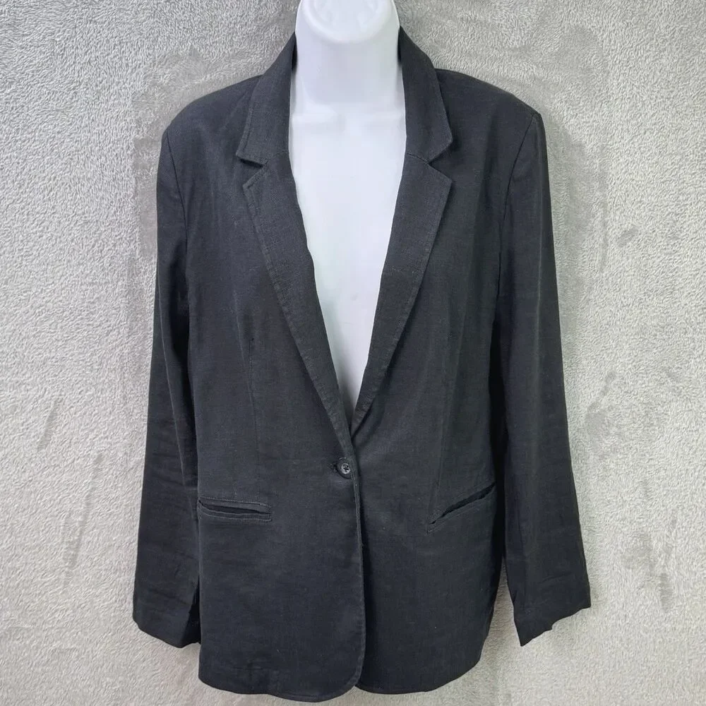 J. Jill Linen Blend Black Blazer Women's PS One Button Relaxed Stretch Pockets